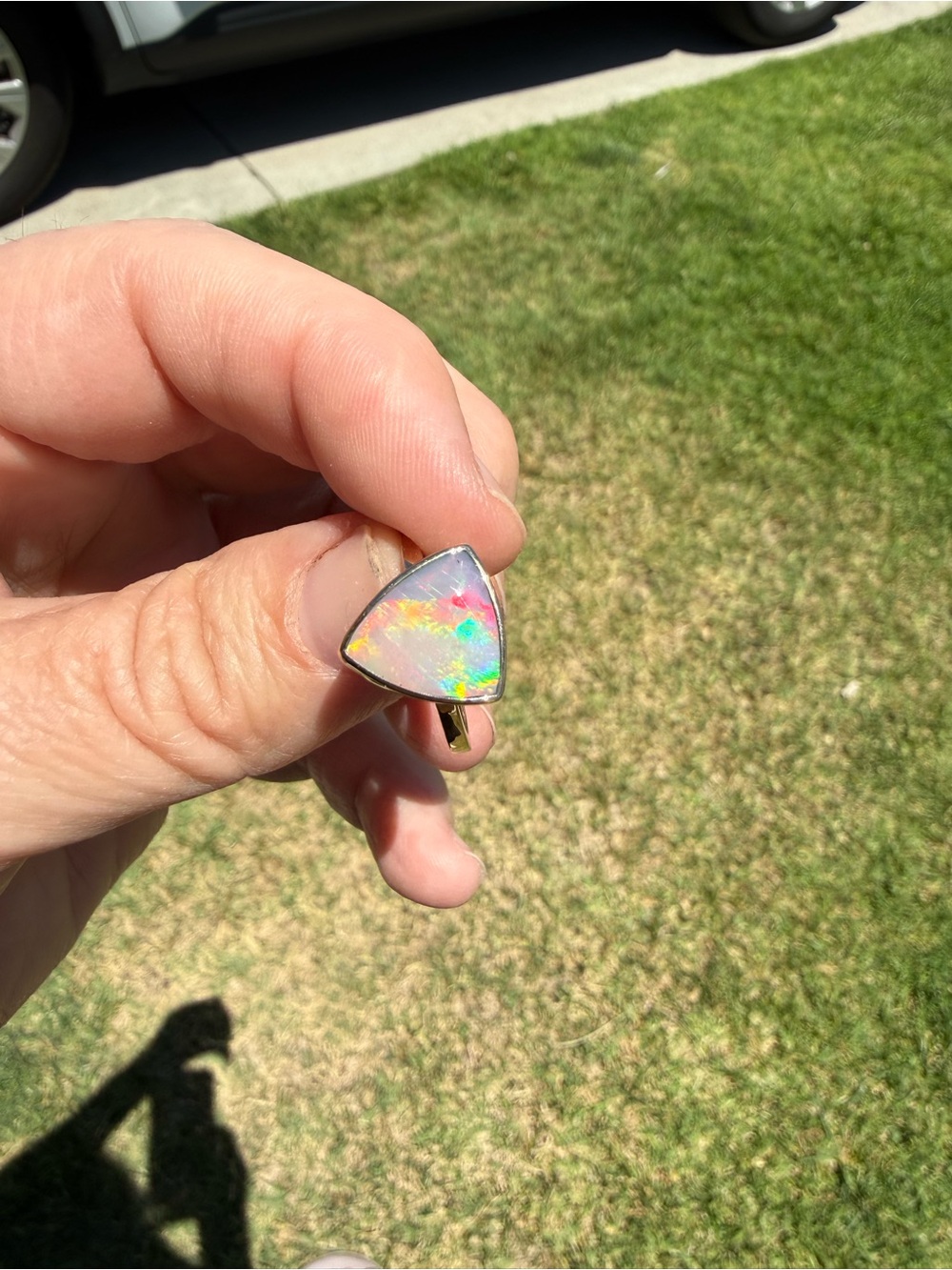14k Gold Australian Opal Triangle Ring — Multi-Color Opal Accent - Picture 6 of 17